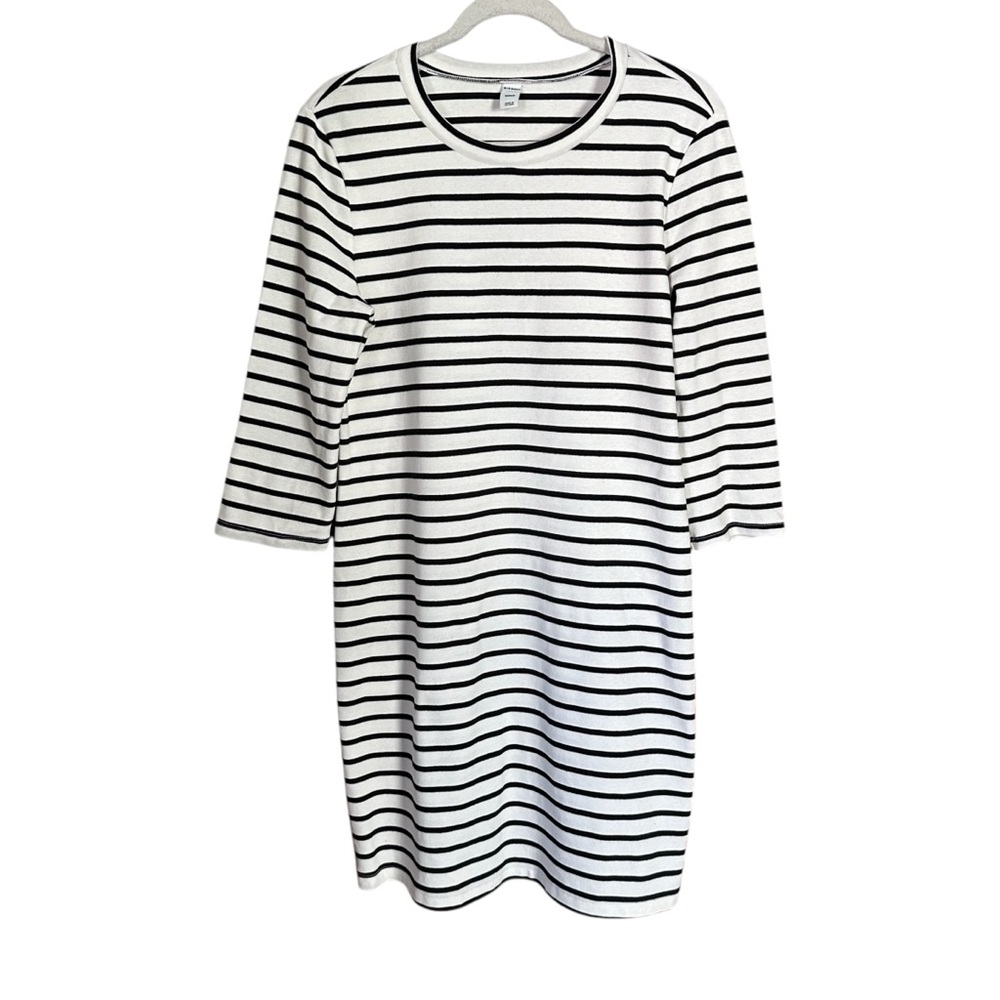 Old Navy Womens Sz M Black White Stripe T Shirt Dress 3/4 Sleeve Collarless